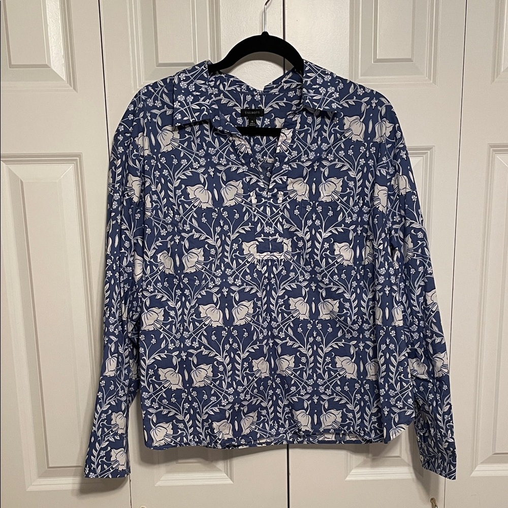 Talbots Navy and Cream Floral Blouse